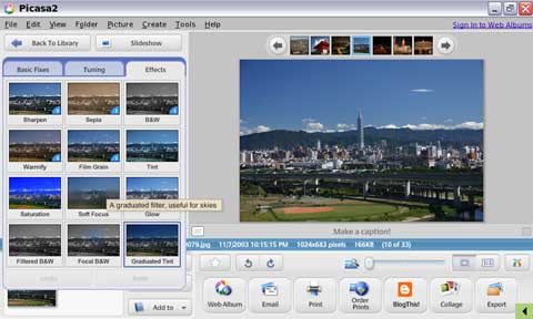 Picasa Editing View - with the obscured image tray (bottom left)