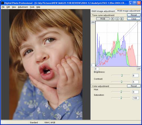 Canon DPP 1.5: Edit Window, RGB image adjustment tab Canon DPP 1.5: Edit Window, RGB image adjustment tab